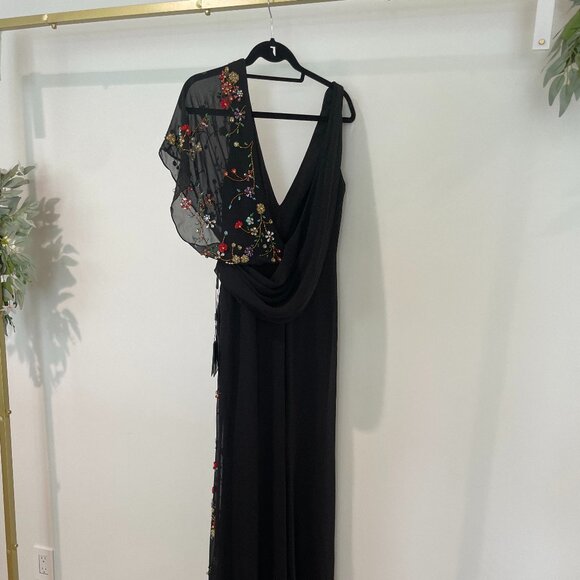 Mac Duggal Faux Wrap Multi Colored Beaded Floral Gown - Picture 4 of 14